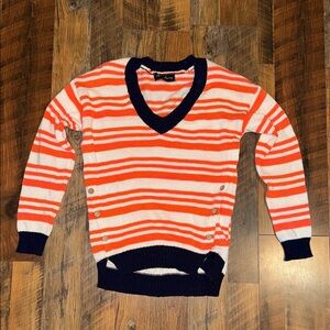 Women's Striped V-Neck Sweater - Orange and Navy